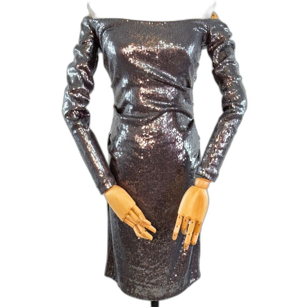 Nicole Miller | Silver Sequin Long Sleeve Off Shoulder Body Dress Ruched | Sz 6
